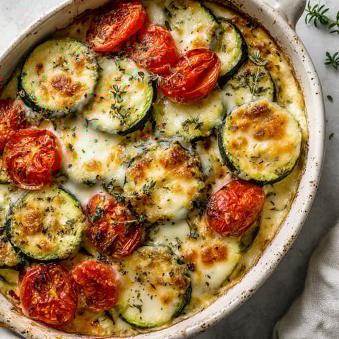 Dans un bol en terre, du gratin de courgettes avec mozzarella, tomates et des herbes par-dessus.