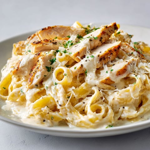 Dans une assiette, fettuccines Alfredo au poulet et herbes, quelques copeaux de cacao, posés sur une table.