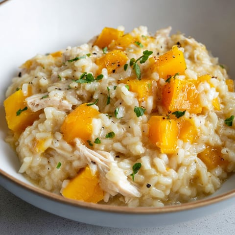 Un risotto bien crémeux avec poulet, courge et cheddar, servi dans un bol couleur porcelaine, c’est le plat réconfort après une longue journée.