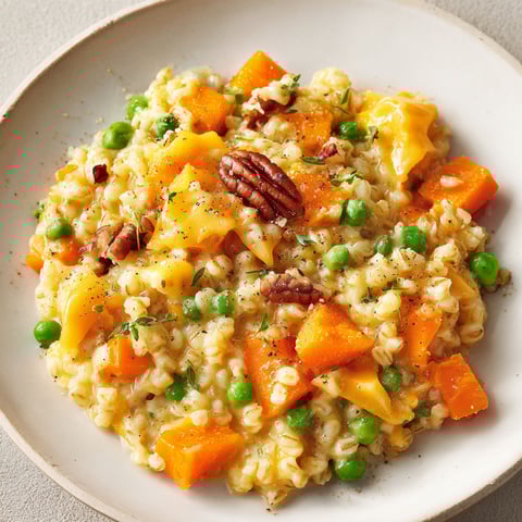 Dans une assiette, l’orge crémeux, des carottes et petits pois bien colorés avec du cheddar à fondre. Servi sur la table.