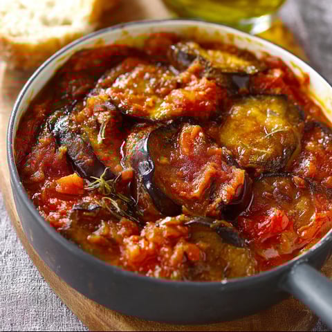 Casserole d’aubergines fondantes à la sauce tomate servie à table.