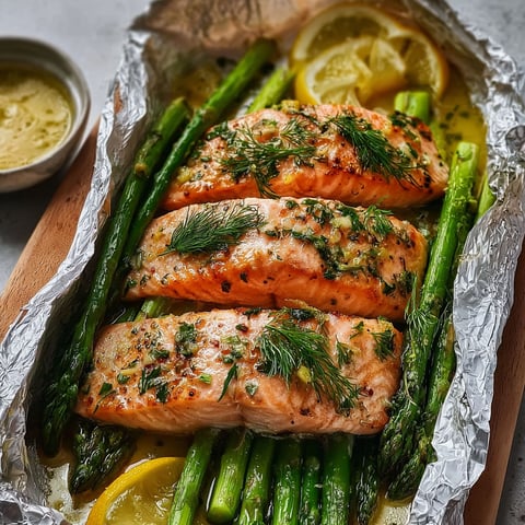 Saumon au four dans sa papillote avec asperges vertes et sauce citron, cuit à point, assiette gourmande.