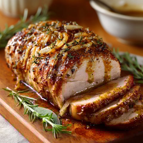 Superbe rôti de porc doré avec des épices et herbes fraîches, nappé d’une sauce au miel et moutarde.