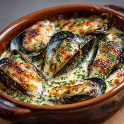 Des moules à la crème et au Comté dans une cassolette en terre cuite.