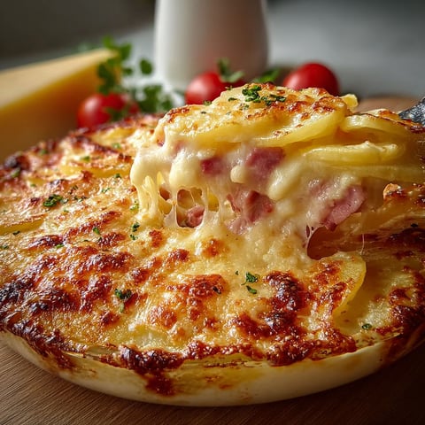 Une assiette de pommes de terre fondantes et de jambon, gratinée de trois fromages, présentée sur un plat généreux.