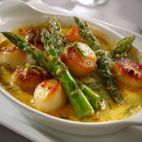 Une petite cassolette moelleuse de Saint-Jacques et asperges posée sur un plateau.