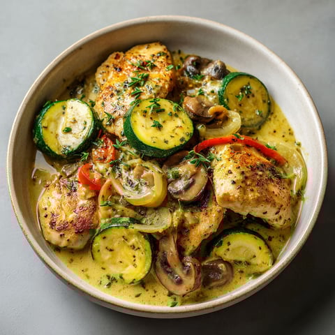 On a une belle cassolette remplie de courgettes, champignons et escalopes dans un bol sur la table.