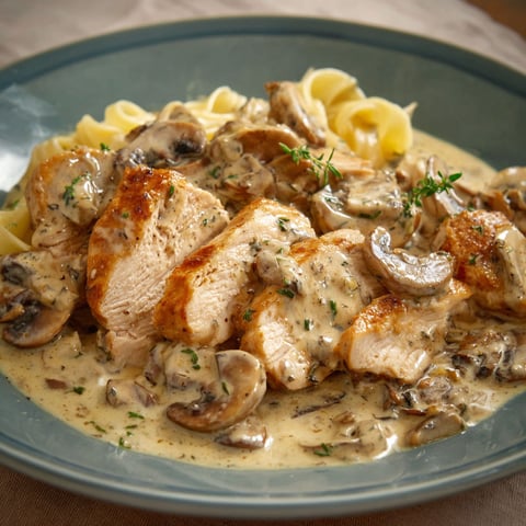 Des filets de volaille sauce moutarde, saupoudrés d’herbes, accompagnés de champignons fondants et de pâtes.