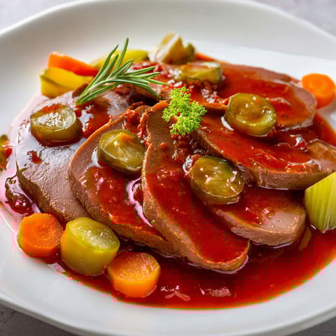 Plat à l’ancienne de langue de boeuf en sauce piquante, garni d’oignons, carottes, herbes et petits légumes fondants, avec une sauce bien relevée.