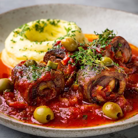 Une portion de bœuf marinée avec l’ail des ours et une sauce tomate bien garnie.