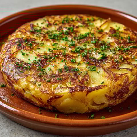 On voit une tortilla espagnole dorée aux pommes de terre et oignons, posée sur un plat en céramique.