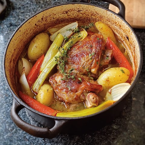 Porc braisé avec des légumes dans une cocotte en fonte.