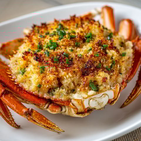 Un délicieux crabe farci posé sur un plateau coloré.