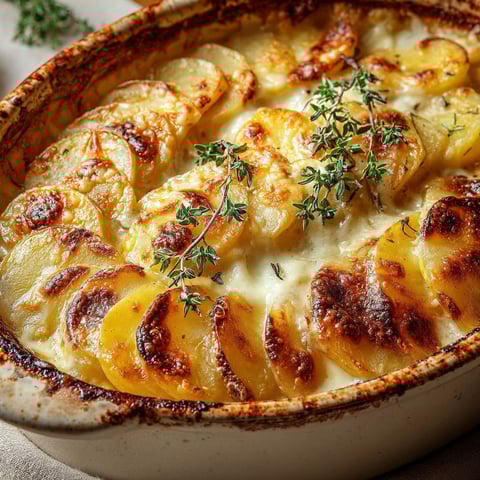 Gratin onctueux de pommes de terre germées et fromage doré, servi bien chaud dans un plat en céramique.
