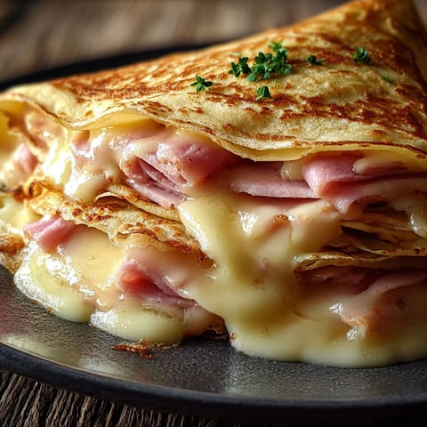 Une crêpe chaude avec du fromage coulant et du jambon sur une assiette.