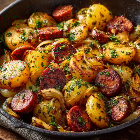 Pommes de terre bien dorées et morceaux de saucisses fumées avec des herbes fraîches dans un bol posé sur une table.