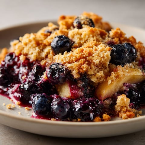 Un croustillant sain aux bleuets et pommes, présenté sur un joli plat en céramique.