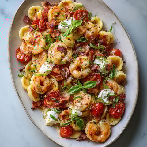 Un plat de pâtes appétissant avec sauce tomate, crevettes et morceaux dorés de pancetta.