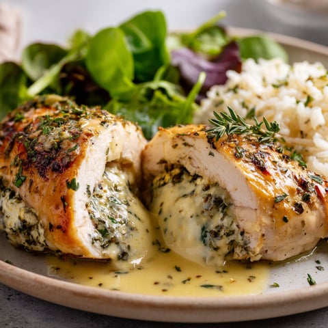 Beau poulet farci au brie sur un plat.