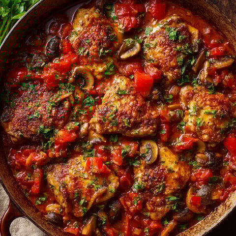 Un plat de poulet cacciatore bien mijoté avec plein de tomates, des herbes et des champignons frais.