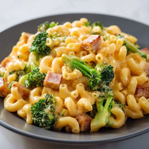 Des macaronis cremés et du brocoli posés sur un plat foncé, prêts à être croqués.
