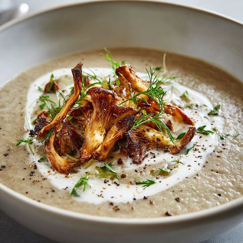 On a versé une soupe de champignons dans un bol en céramique.