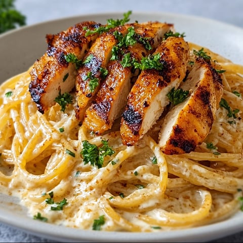 Un joli bol de Spaghetti Crémeux avec Poulet Grillé, quelques herbes et légumes, prêts à être dégustés.