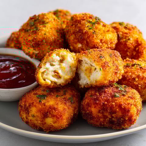 Des croquettes de poulet croustillantes avec sauce, prêtes à croquer sur une table conviviale.