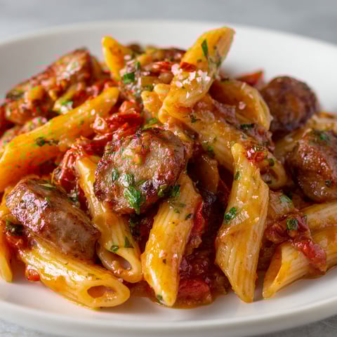 On a une assiette de pennes avec des saucisses italiennes, des herbes et des tomates sur une table.