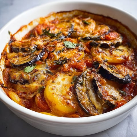 Une casserole d’aubergines, pommes de terre et tomates servie dans un bol blanc.