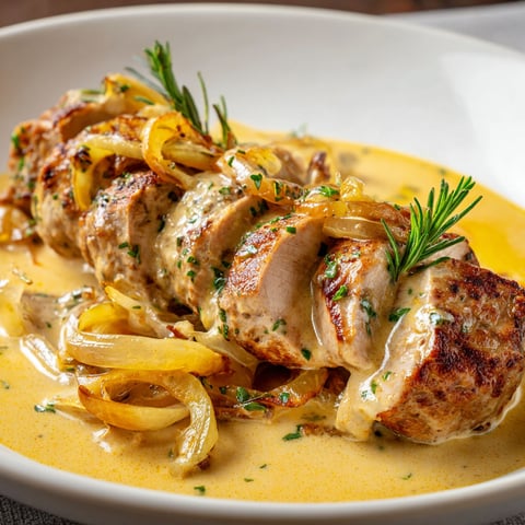 On a servi un filet de porc au lait de coco dans une assiette blanche.