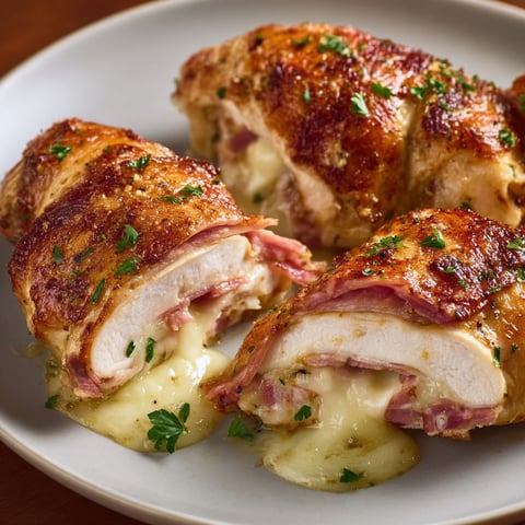 Jolis rouleaux de poulet, garnis de fromage coulant et de jambon, dressés sur un plat.