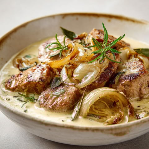 Assiette de filet mignon de porc nappée de sauce onctueuse aux oignons caramélisés et herbes, tout juste sortie de la cuisine.