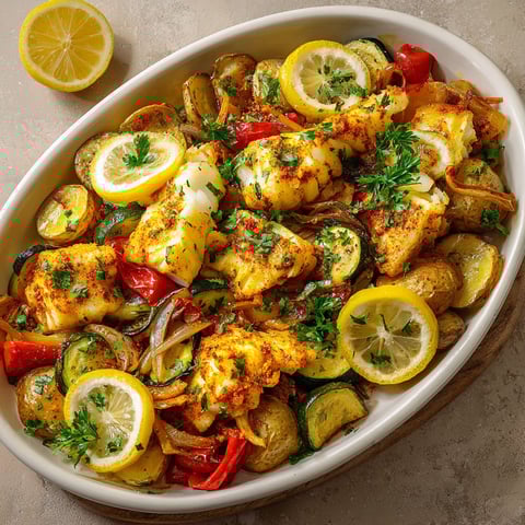Du cabillaud épicé sorti du four, servi avec légumes rôtis et tranches de citron.