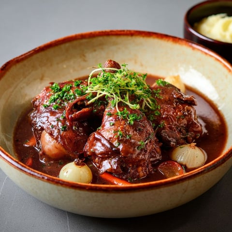 Sur la table, un coq au vin entouré de légumes et de pommes de terre prêt à être dégusté.