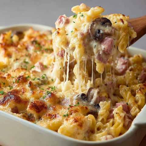 Un gratin aux pâtes, jambon, double fromage et champignons bien doré, prêt à être goûté.