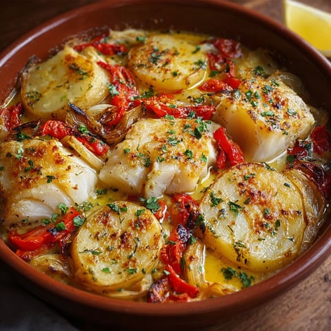Du Bacalhau à la Portugaise garni de légumes colorés et saupoudré d'épices, prêt à être dégusté.
