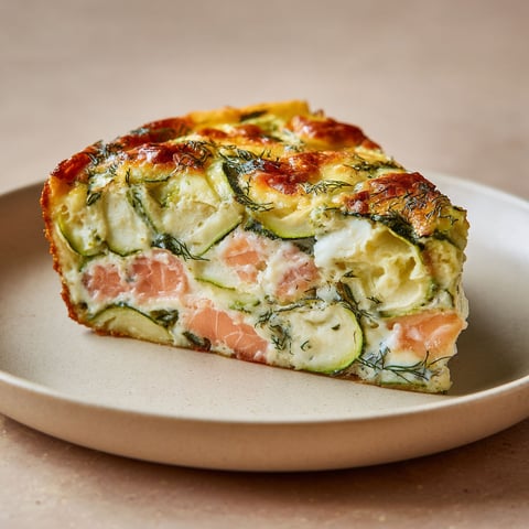 Une part de clafoutis aux courgettes et saumon qu’on sert sur un plat.