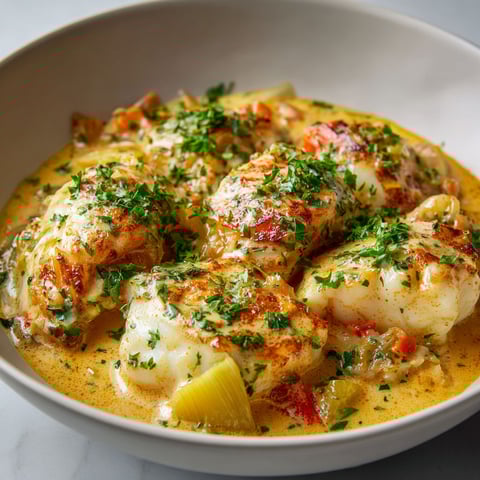 Un joli plat de blanquette de cabillaud à la bisque de homard, garni de légumes frais et d’herbes.
