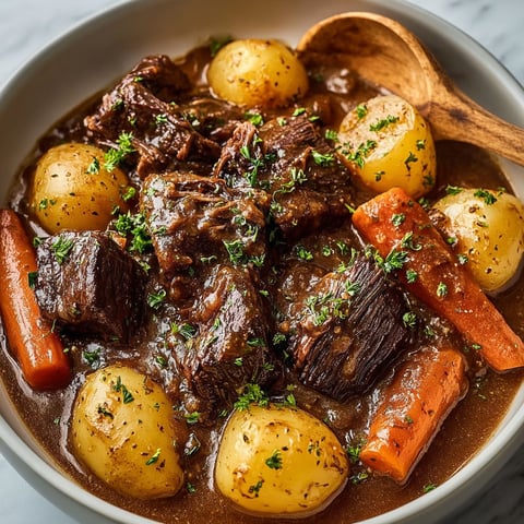 Assiette généreuse où le bœuf fondant, nappé de crème brune, s’accompagne de carottes fondantes et pommes de terre dorées.