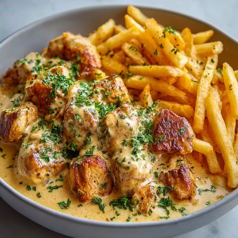 Des morceaux de poulet nappés de sauce crémeuse avec des frites bien dorées.