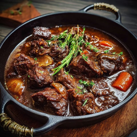 Un plat de boeuf mijoté bien chaud nappé de sirop d’érable, présenté dans une grande casserole.