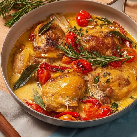 Dans une grande poêle, poulet et légumes cuisent avec des herbes et des épices.