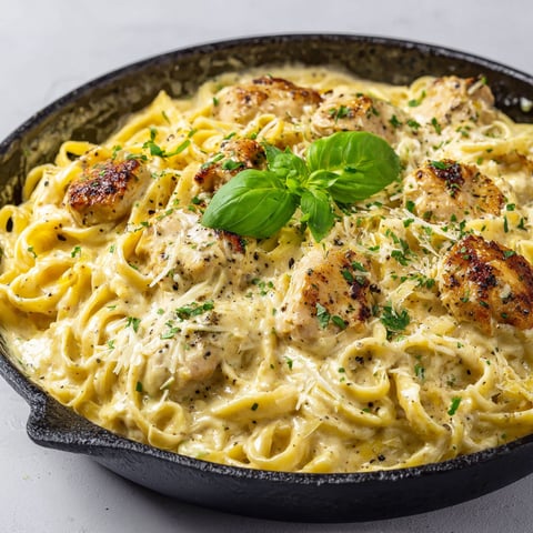 Des pâtes crémeuses au poulet et moutarde servies dans un joli bol noir.