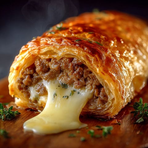 On aperçoit un beau roulé feuilleté bien doré, farci de viande hachée et fromage bien fondant, avec la sauce au beurre qui s’écoule dedans.