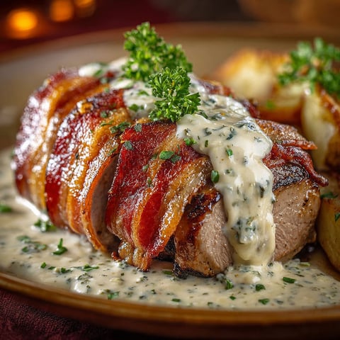 Sur une belle assiette en terre, on voit le filet mignon porc tout nappé de Boursin et entouré de lard, avec pommes de terre rôties et des herbes fraîches.