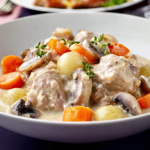 On voit une blanquette de veau aux légumes servie dans une assiette sur une table.