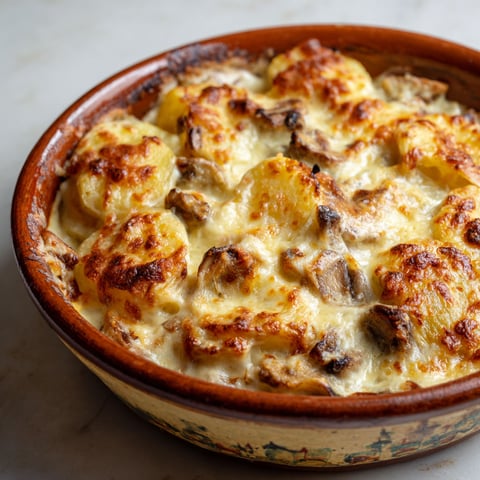 Une belle assiette de gratin pommes de terre-champignons, sortie du four, bien dorée.