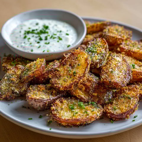 Plaque garnie de pommes de terre bien dorées accompagnées d'une sauce crémeuse au parmesan, prêtes à déguster.