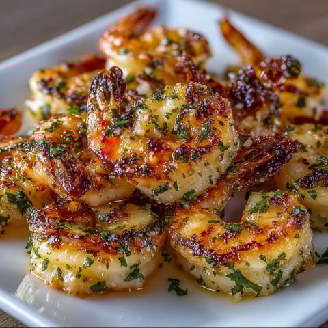 Une assiette de crevettes chaudes à l’ail et parmesan croustillant.